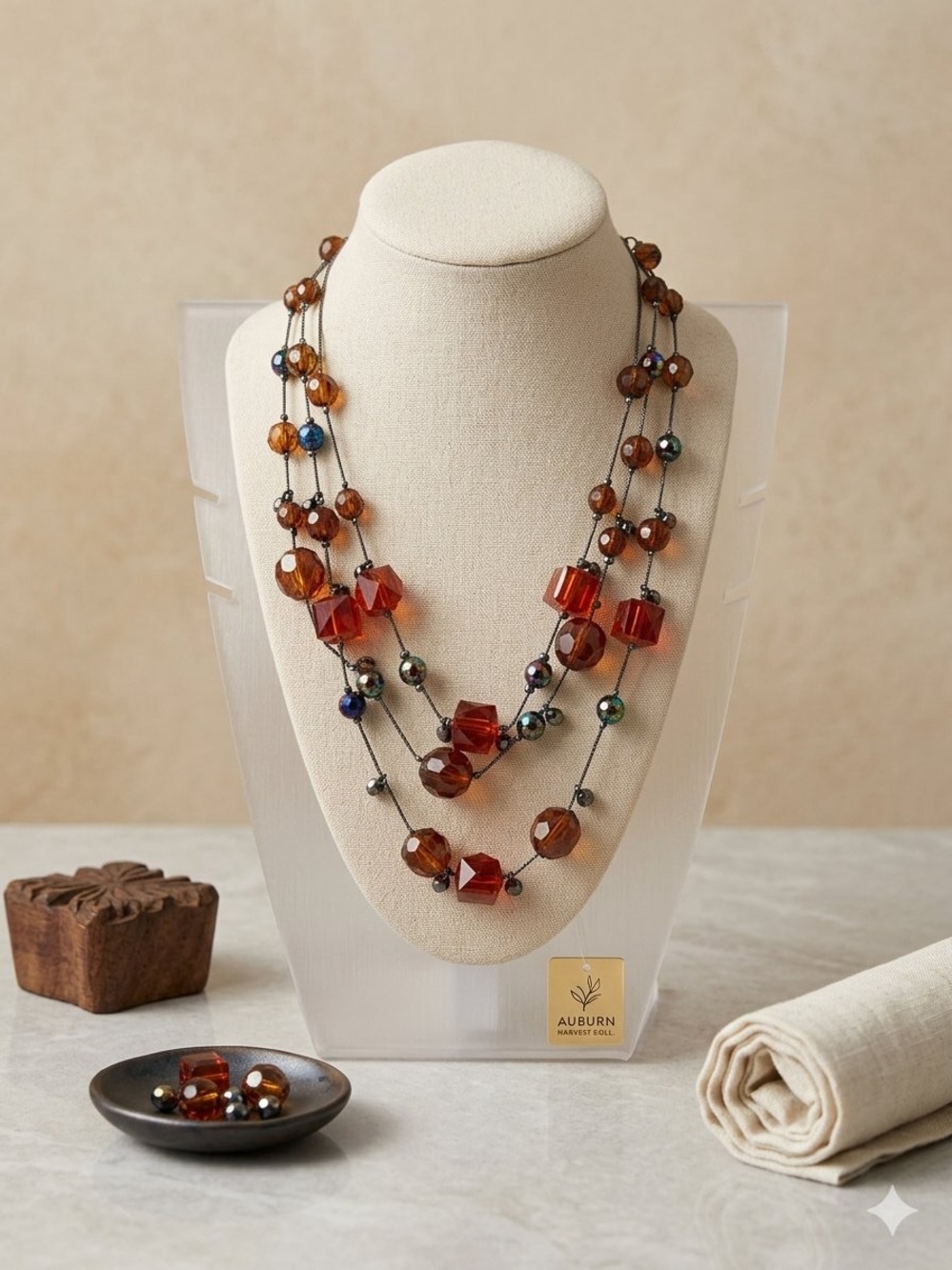 VTG Lane Bryant Y2K Multi-Strand Amber Red Beaded Statement Necklace
